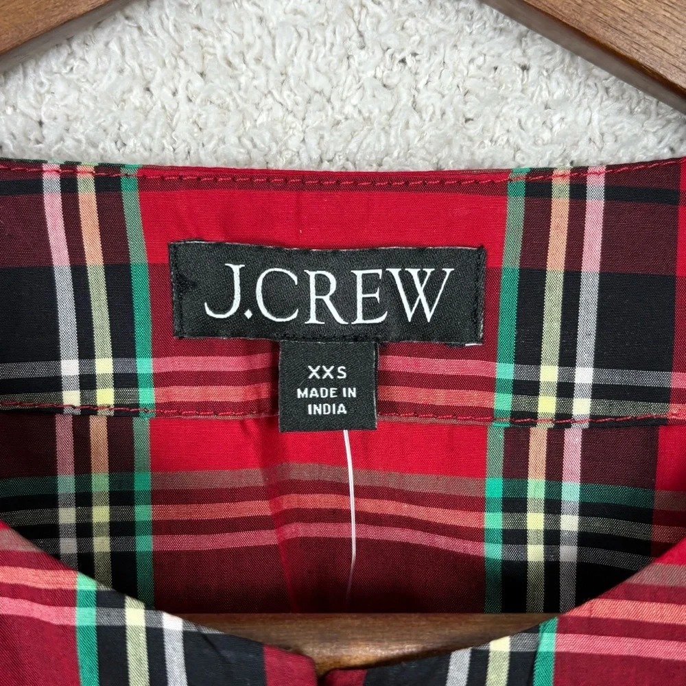 J. Crew Top Womens XXS Red Puff Sleeve Poplin Blouse Good Tidings Plaid‎ Cotton